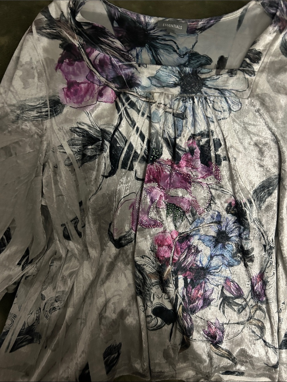 ESSENTIALS Silver Floral Blouse with Pink & Blue Accents